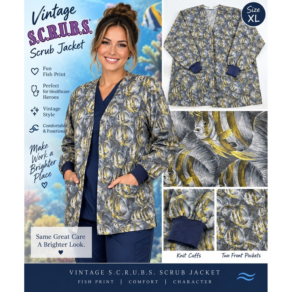 Vintage SCRUBS Scrub Jacket XL Fish Print Grey Yellow Blue Snap Front Knit Cuffs